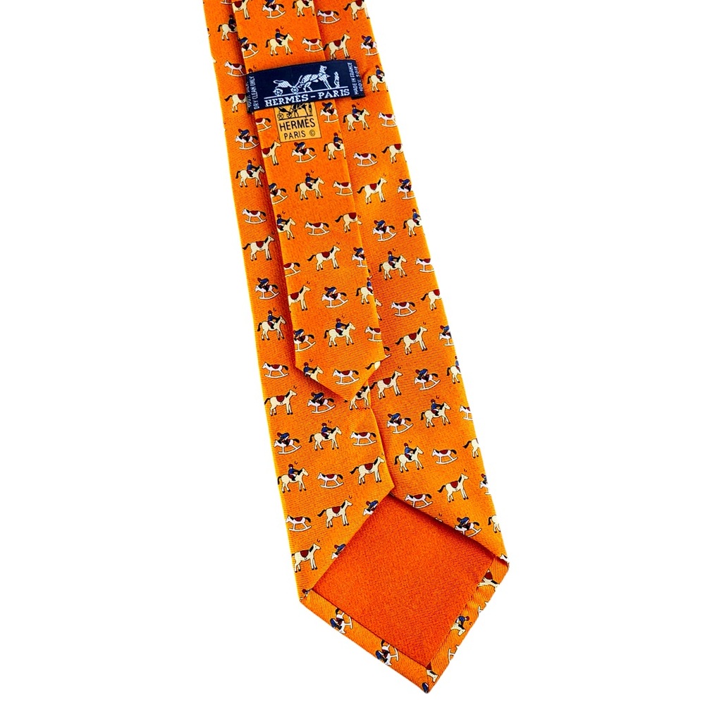 Hermes Equestrian Horse Orange Silk Tie